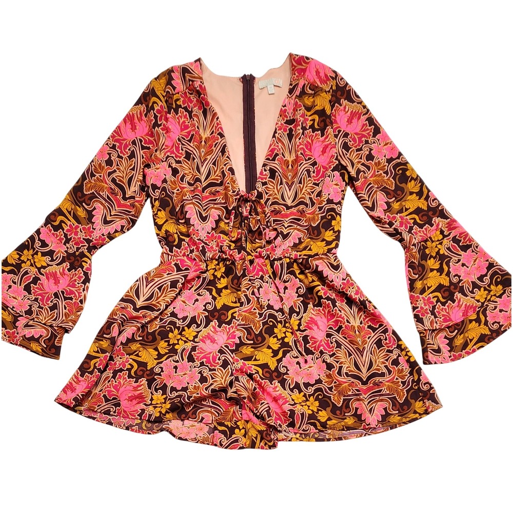 GB Gianni Bini Boho Bell Sleeve Floral V-Neck Romper Pink Brown Womens Size M